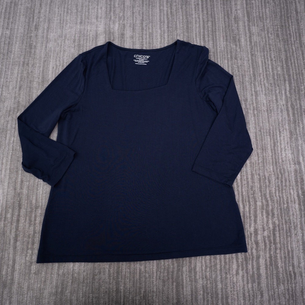 Chico's Square Neck Top Women Size 2 L Navy Blue Excellent 3/4 Sleeve Rayon